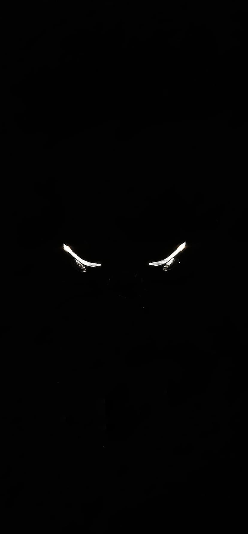 Two bright white curved lines resembling glowing eyes peer through a pitch black void with high contrast.