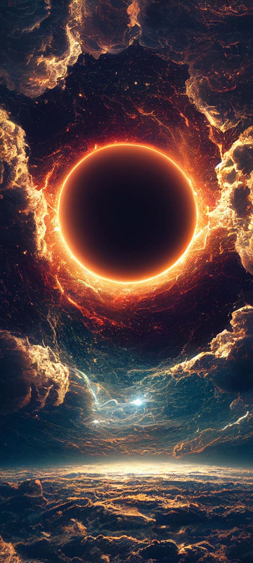 Golden solar corona surrounding a dark circle above swirling purple gas clouds and a hazy planetary horizon.
