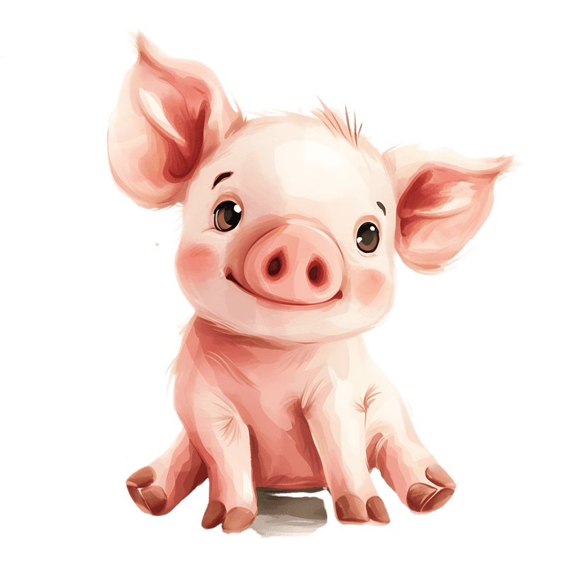 Watercolor baby pig illustration sitting with large eyes and pink floppy ears isolated against a dark backdrop.
