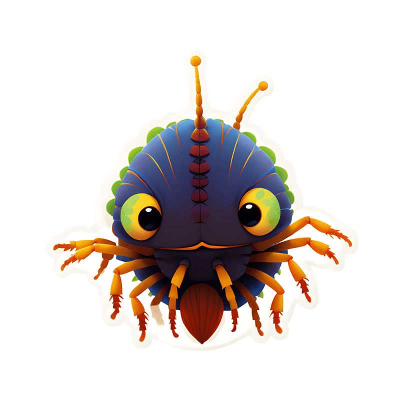 Blue insect 3D sticker render features a segmented body, orange legs, green eyes, and leaf-like back textures.