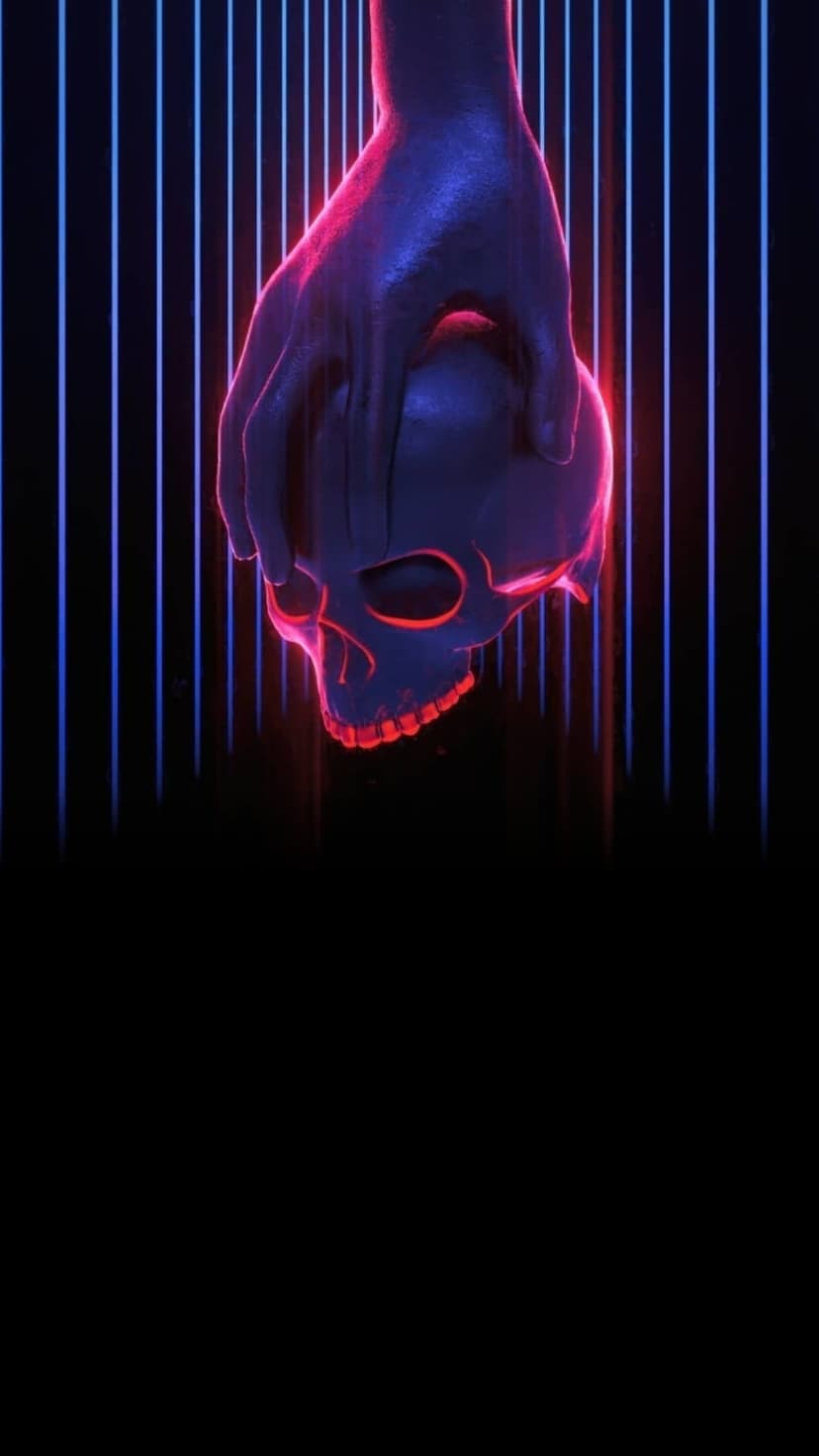 Human hand cradles a glowing red skull in front of sharp vertical blue light rays against a dark background.