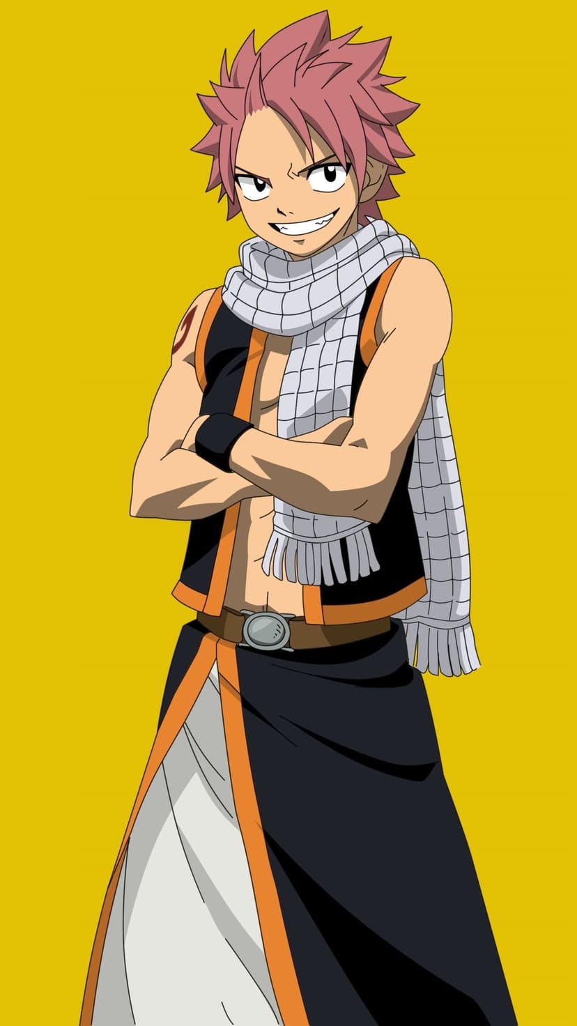 Natsu Dragneel crosses his arms wearing a checkered scarf and smiling against a solid bright yellow background.