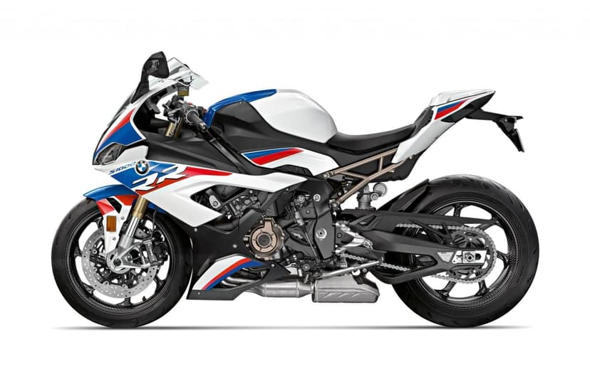 White BMW S1000RR sportbike with blue and red M livery against a minimalist white studio background.