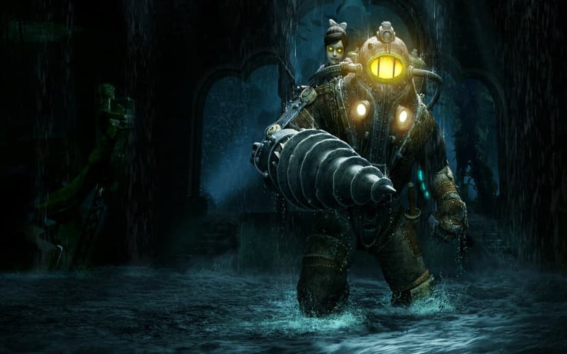 Big Daddy Subject Delta with a massive drill and a Little Sister wading through dark water in a flooded room.