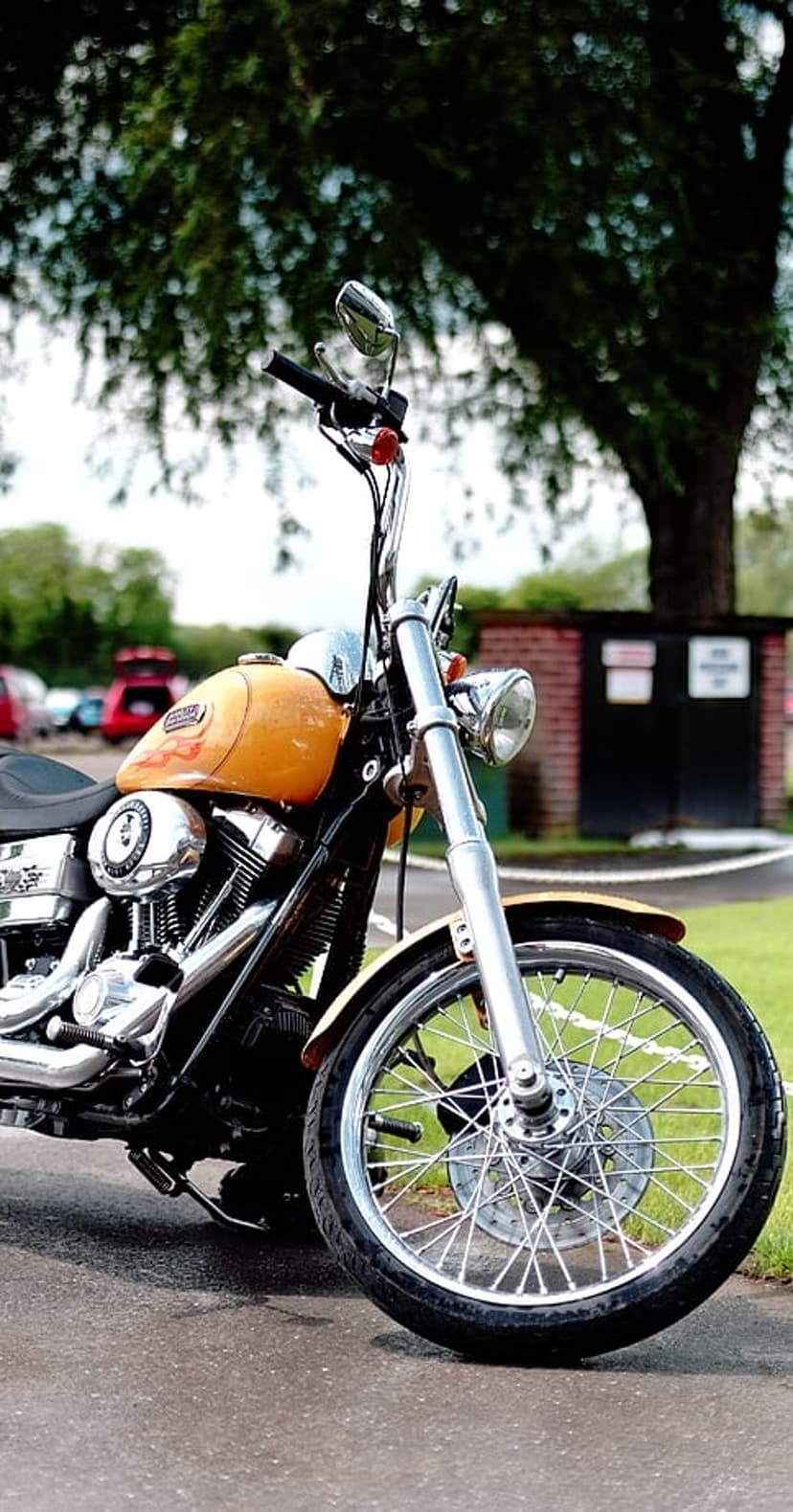 Orange Harley Davidson motorcycle with a chrome engine parked on asphalt against trees and a brick building.