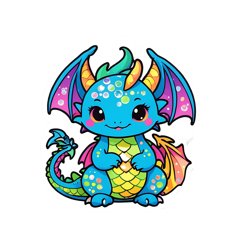 Blue chibi dragon illustration with purple wings and orange horns featuring glossy bubbles and a white border.