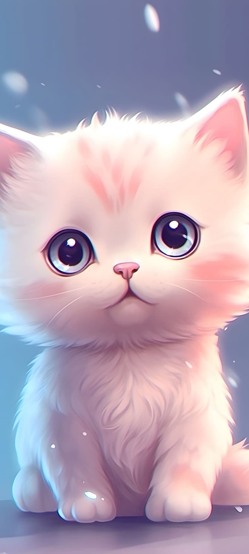 Fluffy white kitten with blue eyes and pink ears sits against a soft blue background with white sparkles.