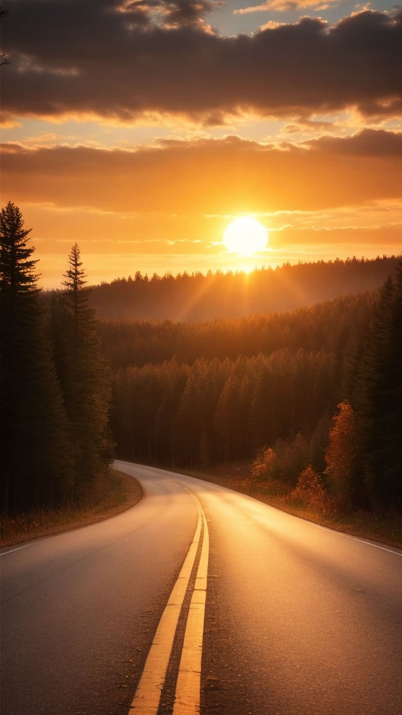 Asphalt road curves through a vibrant autumn forest beneath a glowing orange sky filled with dramatic sunset clouds.