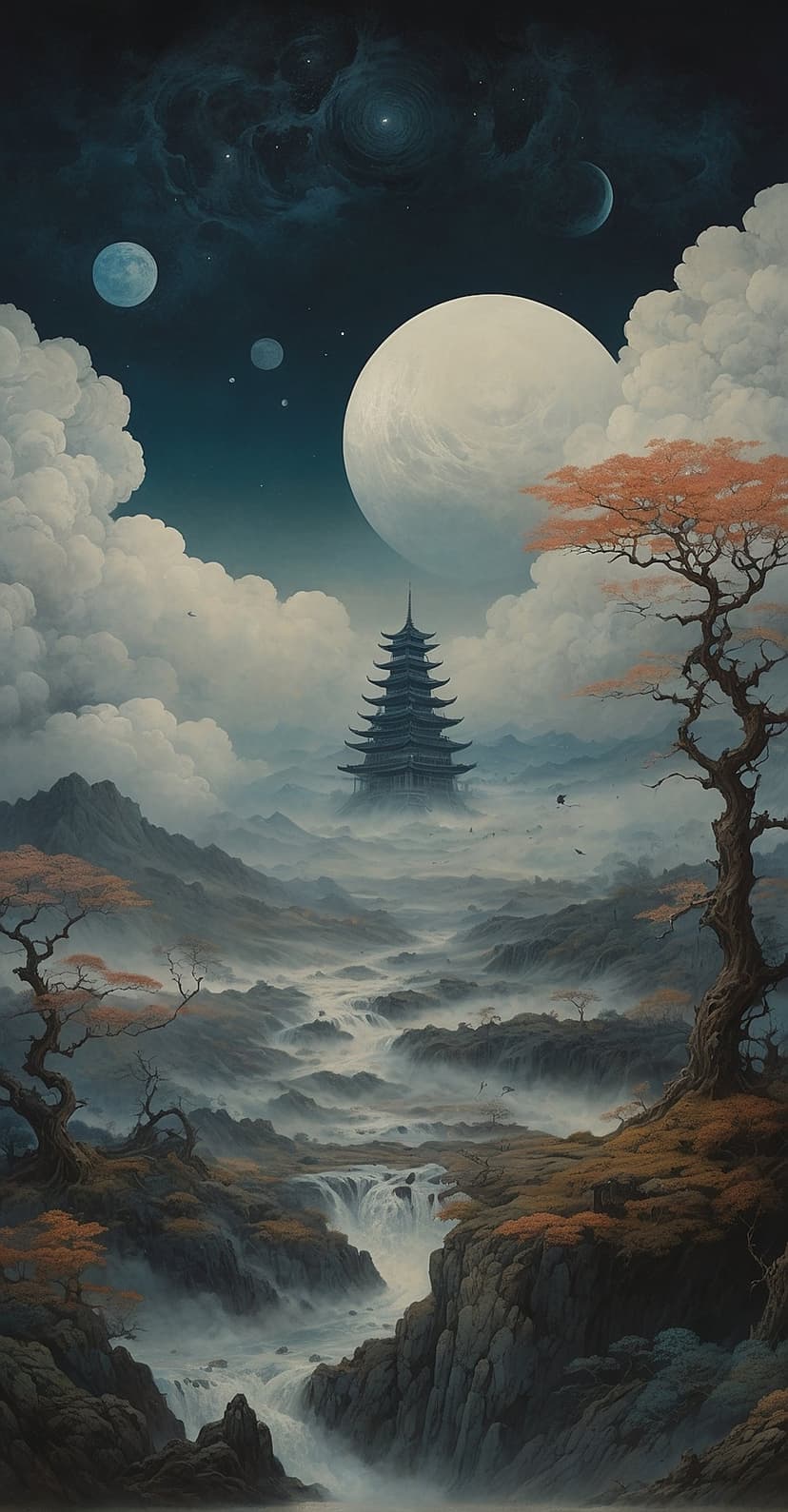 Multi-tiered pagoda stands on misty mountain cliffs under two large moons and a purple nebula in a starry sky.
