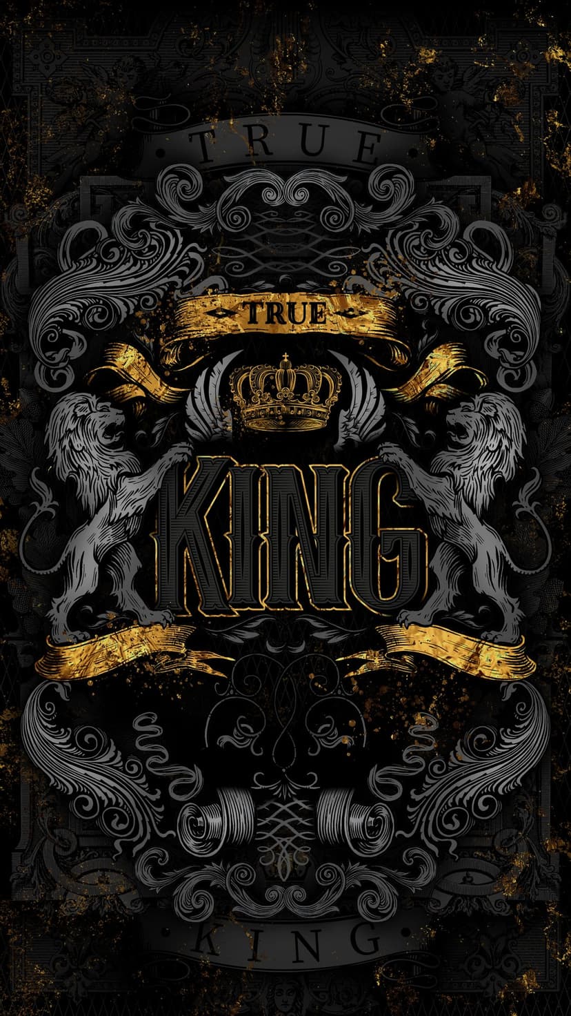 Ornate gold crown sits between two symmetrical lions with decorative filigree against a deep black background.