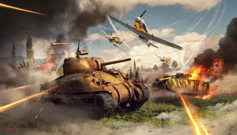 M4 Sherman tank advancing on a battlefield with burning vehicles and diving fighter planes under a smoky blue sky.