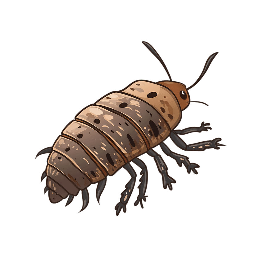 Terrestrial isopod cartoon illustration showing brown segmented shell with spots and legs on black background.