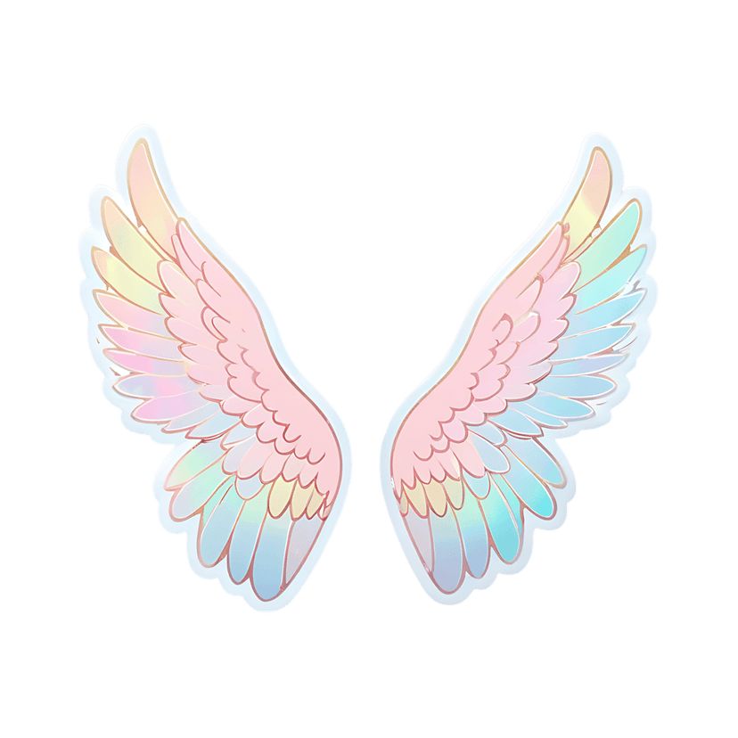 Angel wings sticker illustration featuring iridescent pastel gradients and soft feathery textures in vector style.