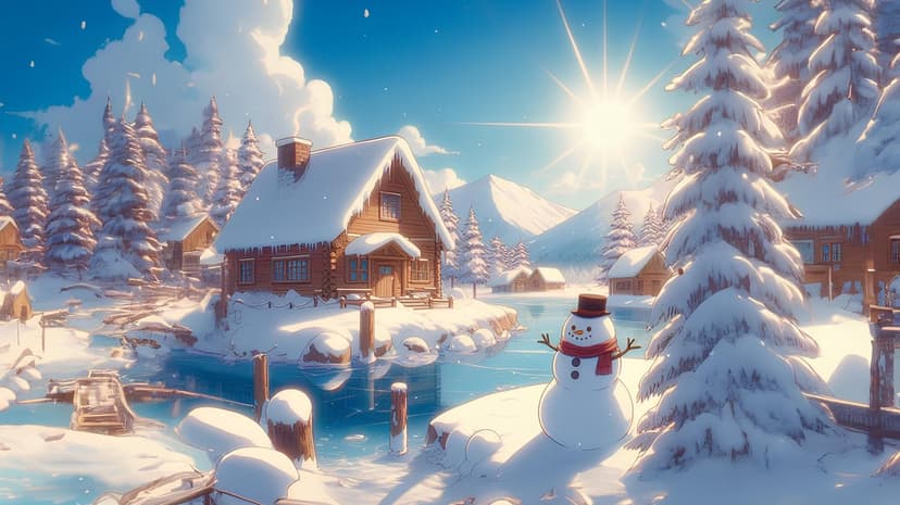 Anime characters standing in snowy morning landscape featuring soft sunlight, frozen trees, and clear blue skies.
