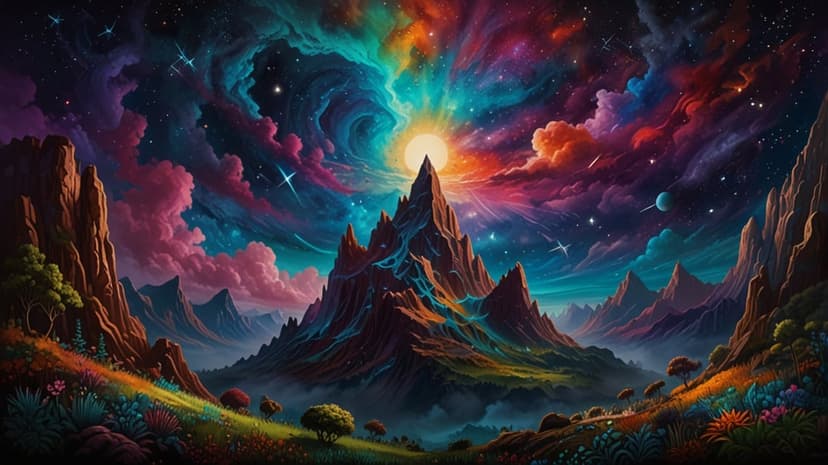 Jagged mountains rise under a swirling purple and orange nebula sky filled with bright stars and glowing sunlight.