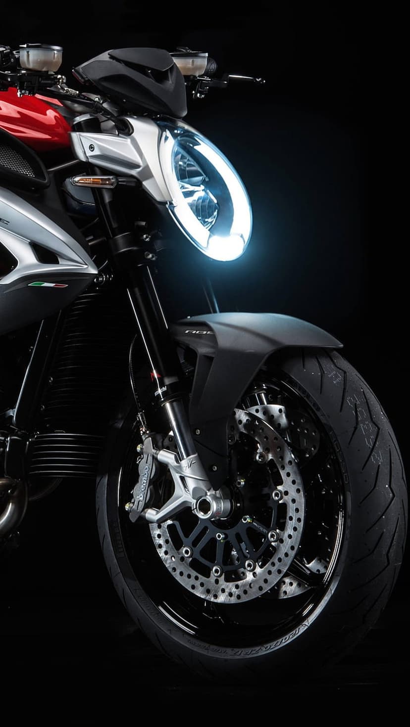 MV Agusta Brutale 800 RR LED headlight and front wheel with brake discs shown in a close-up vertical perspective.