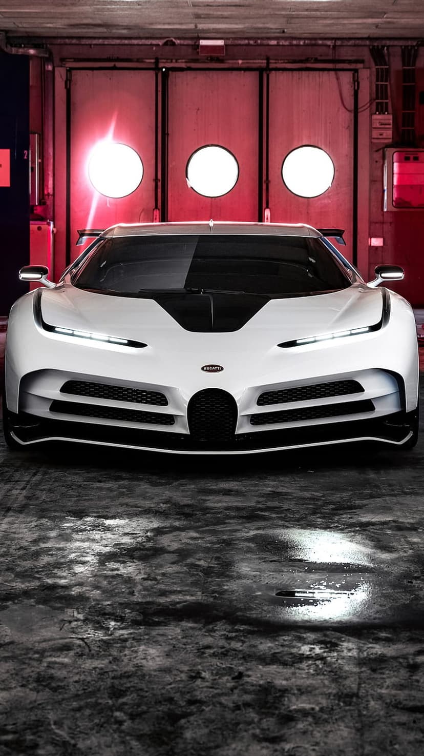White Bugatti Centodieci hypercar on a wet garage floor with glowing red circular lights in the background.