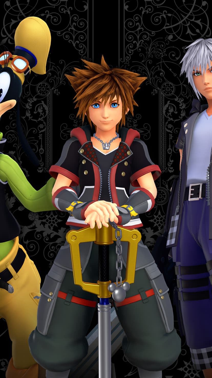 Sora holds the Kingdom Key Keyblade with Riku and Goofy against a dark filigree background for phone screens.