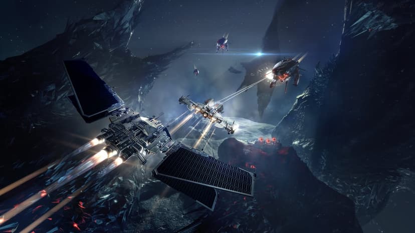 Futuristic starship with solar wings flying through a dark asteroid belt during a space combat mission.