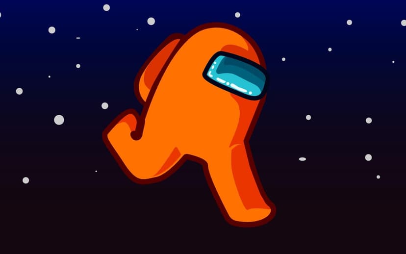 Orange Among Us character floating in a starry navy blue space environment with a reflective cyan visor.