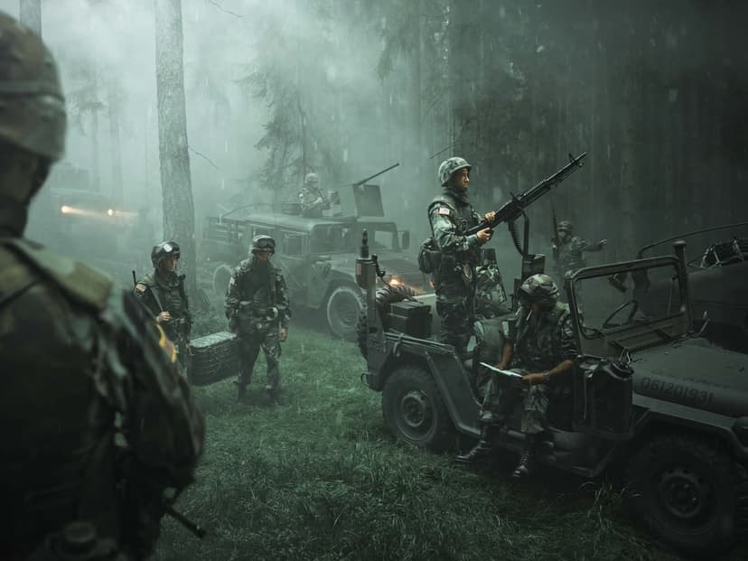 US Army soldiers with military vehicles in a dense foggy pine forest during a rainy tactical mission.