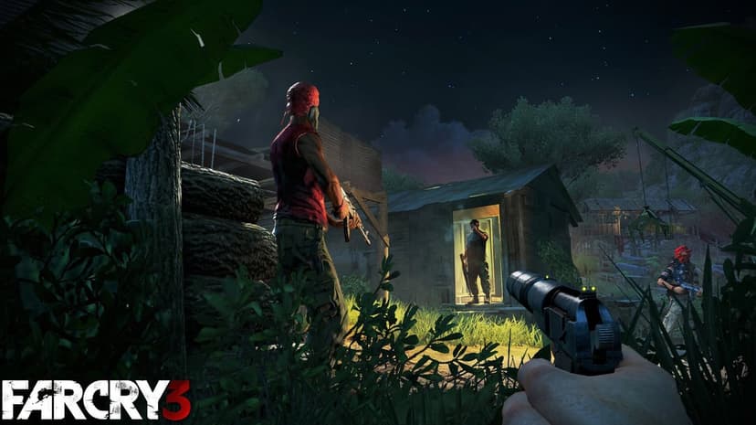 Silenced pistol aimed at an enemy guard in a dark tropical jungle outpost under a clear starry night sky.