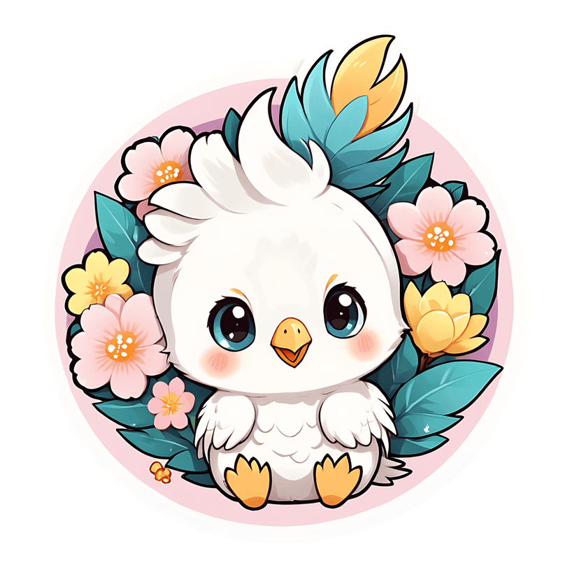 White cockatoo chick sticker with glossy blue eyes and pink flowers in a circular die-cut frame.
