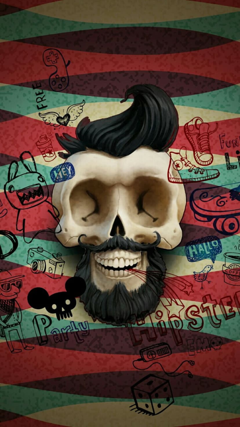 Bearded skull with a pompadour hairstyle surrounded by sneakers, gamepads, and coffee on a wavy striped background.