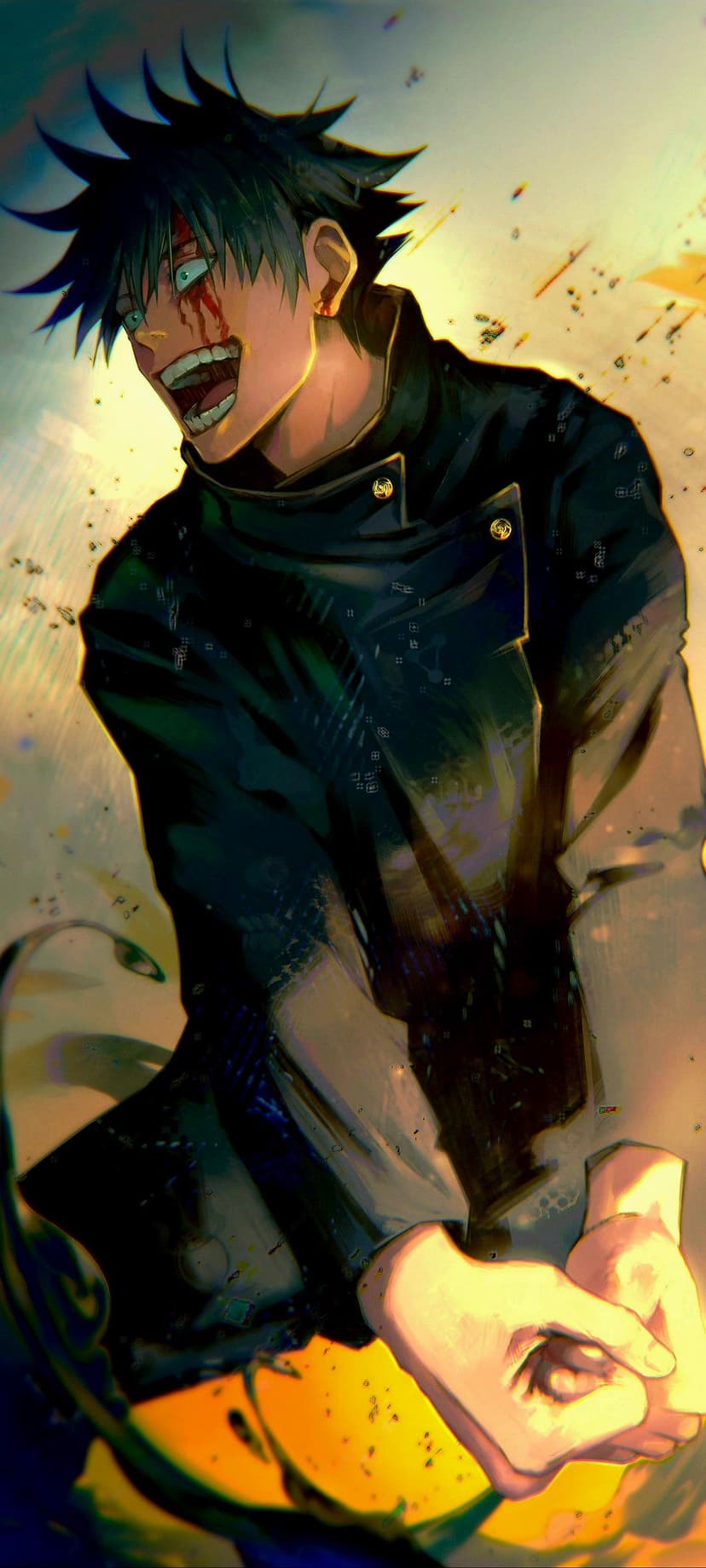 Spiky-haired warrior with blood on his face screams amidst swirling orange debris and glowing golden sparks.