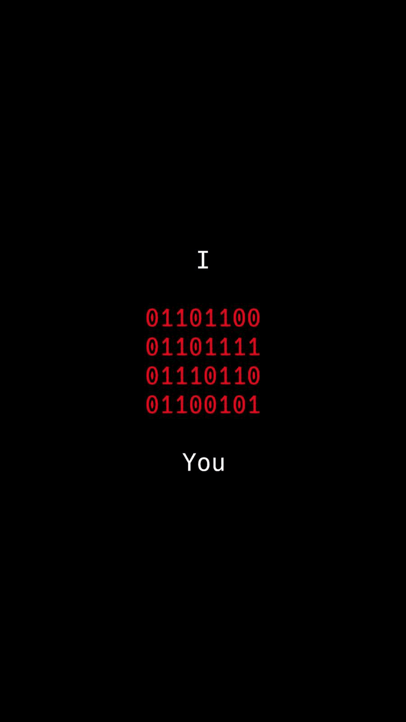 White text and red binary numbers forming a romantic message against a solid pitch-black vertical background.