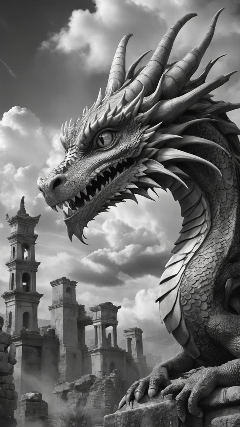 Ancient dragon with sharp horns and obsidian scales perched atop crumbling stone ruins under a cloudy sky.