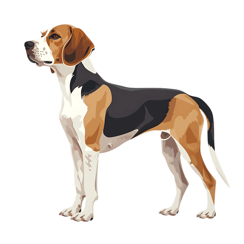 Tri-color beagle dog standing in profile showing white chest brown ears and black saddle vector markings.