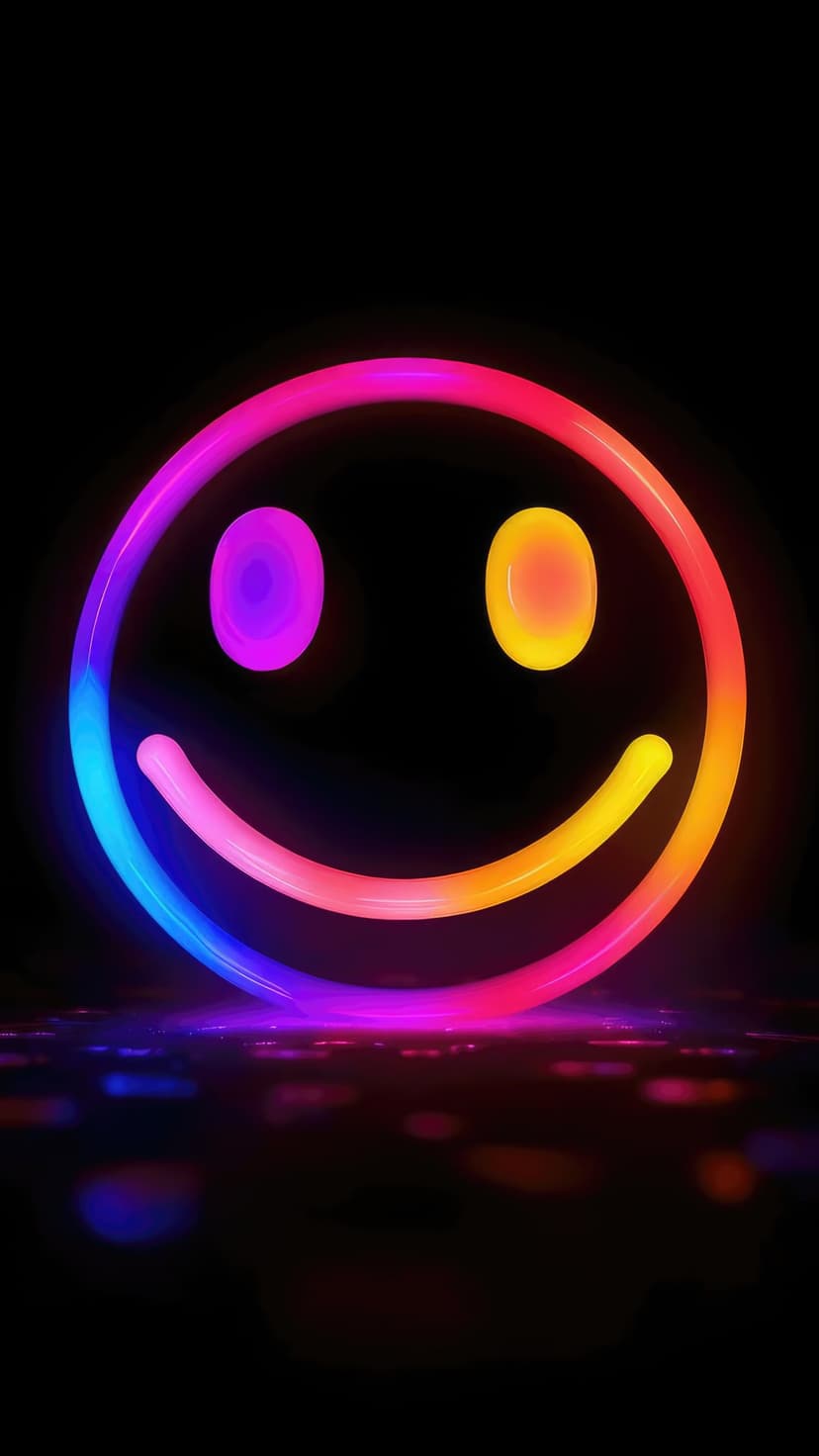 Neon smiley face with rainbow gradient outlines and glowing orange eyes reflecting on a dark glossy surface.