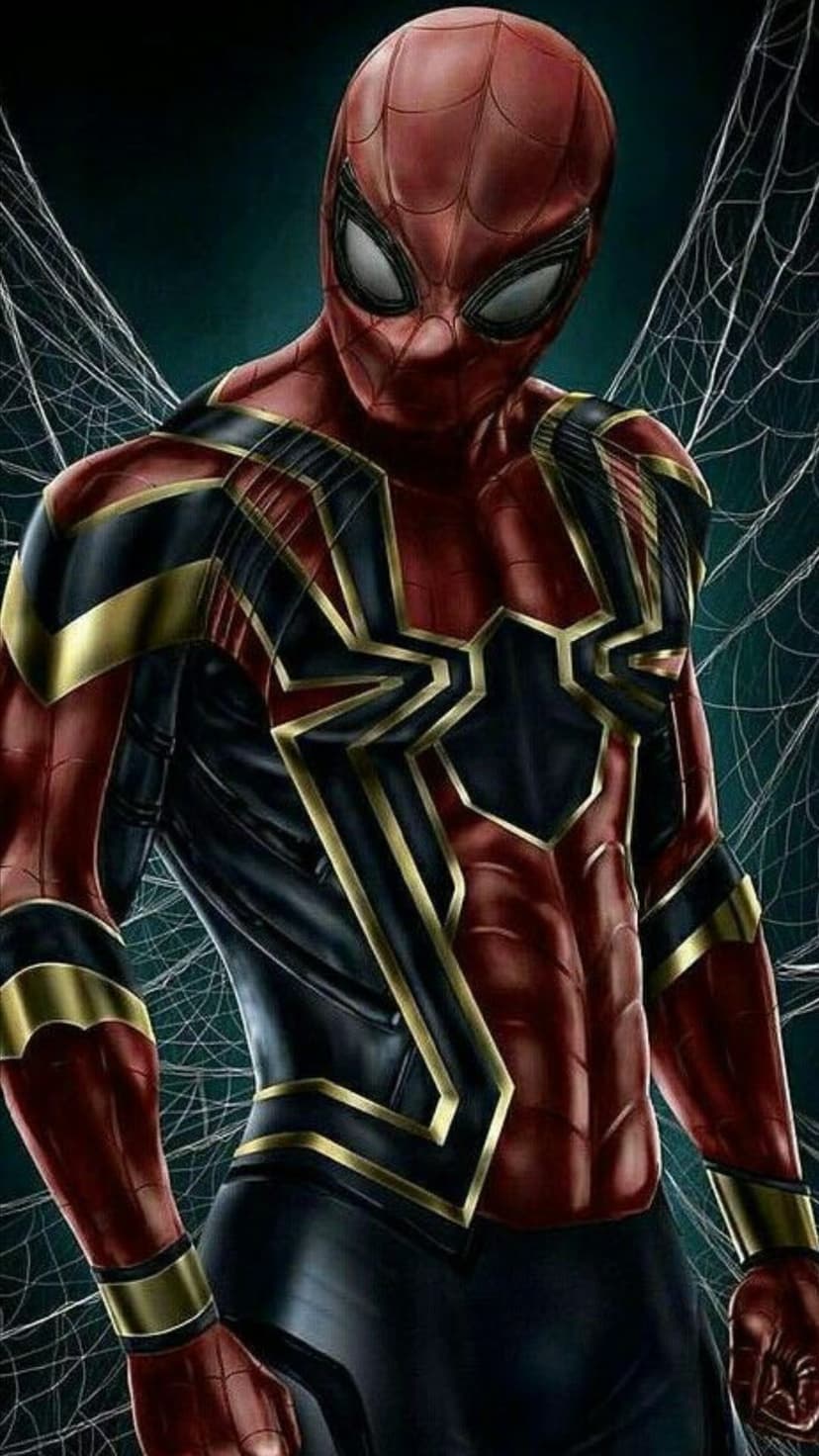 Iron Spider suit displays red metallic plating and gold mechanical accents against a dark webbed background.
