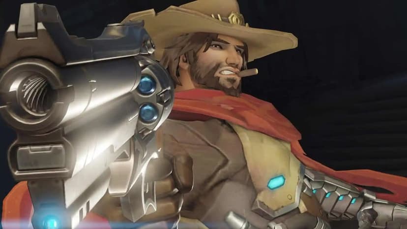 Cole Cassidy aims a silver revolver forward, wearing a cowboy hat and red cape in a dark gaming scene.