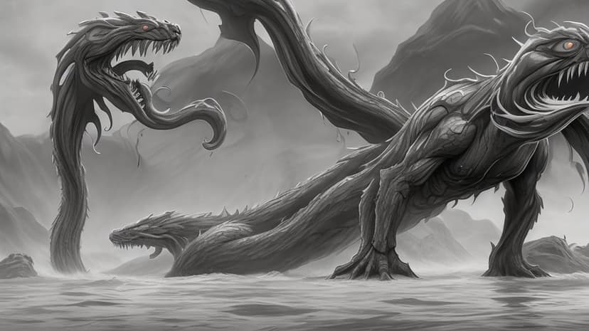 Scaly sea dragons with jagged teeth rise from a misty mountain lake in a dramatic grayscale composition.