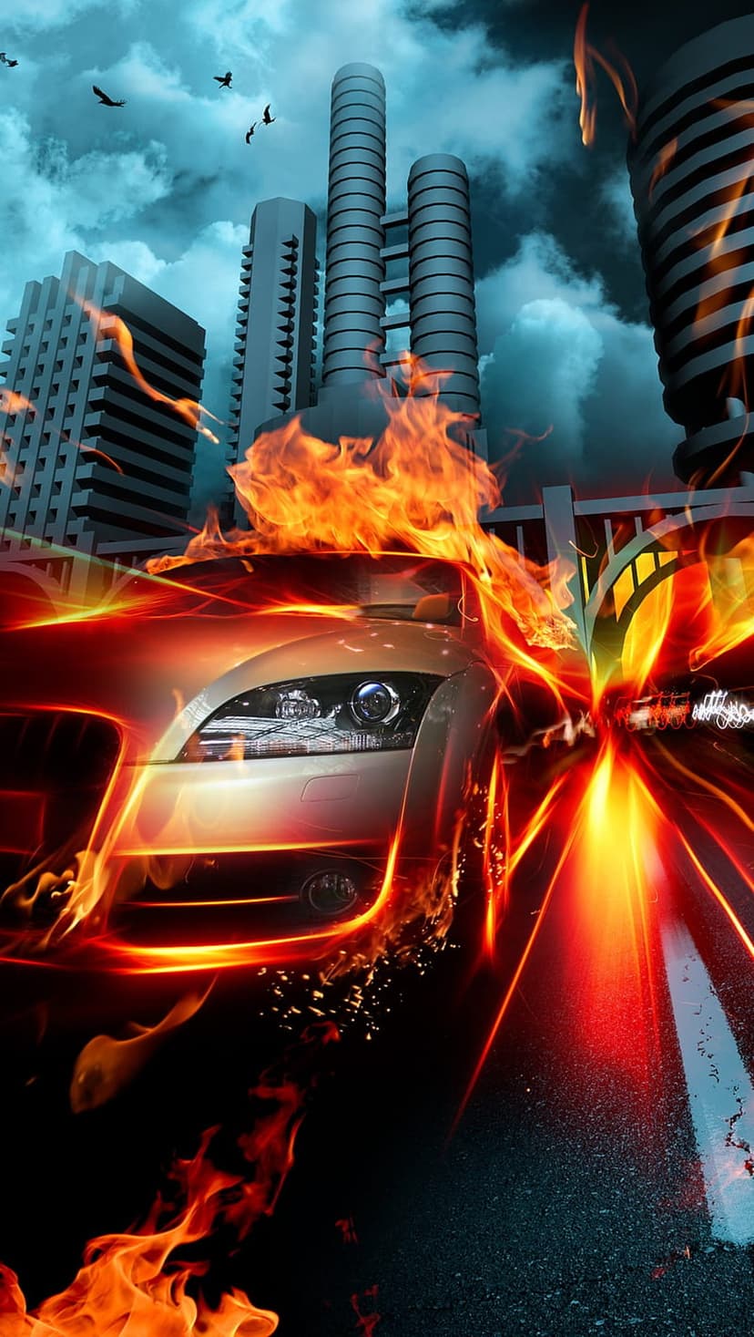 Sports car engulfed in bright orange flames speeds past towering skyscrapers under a cloudy sky with birds.