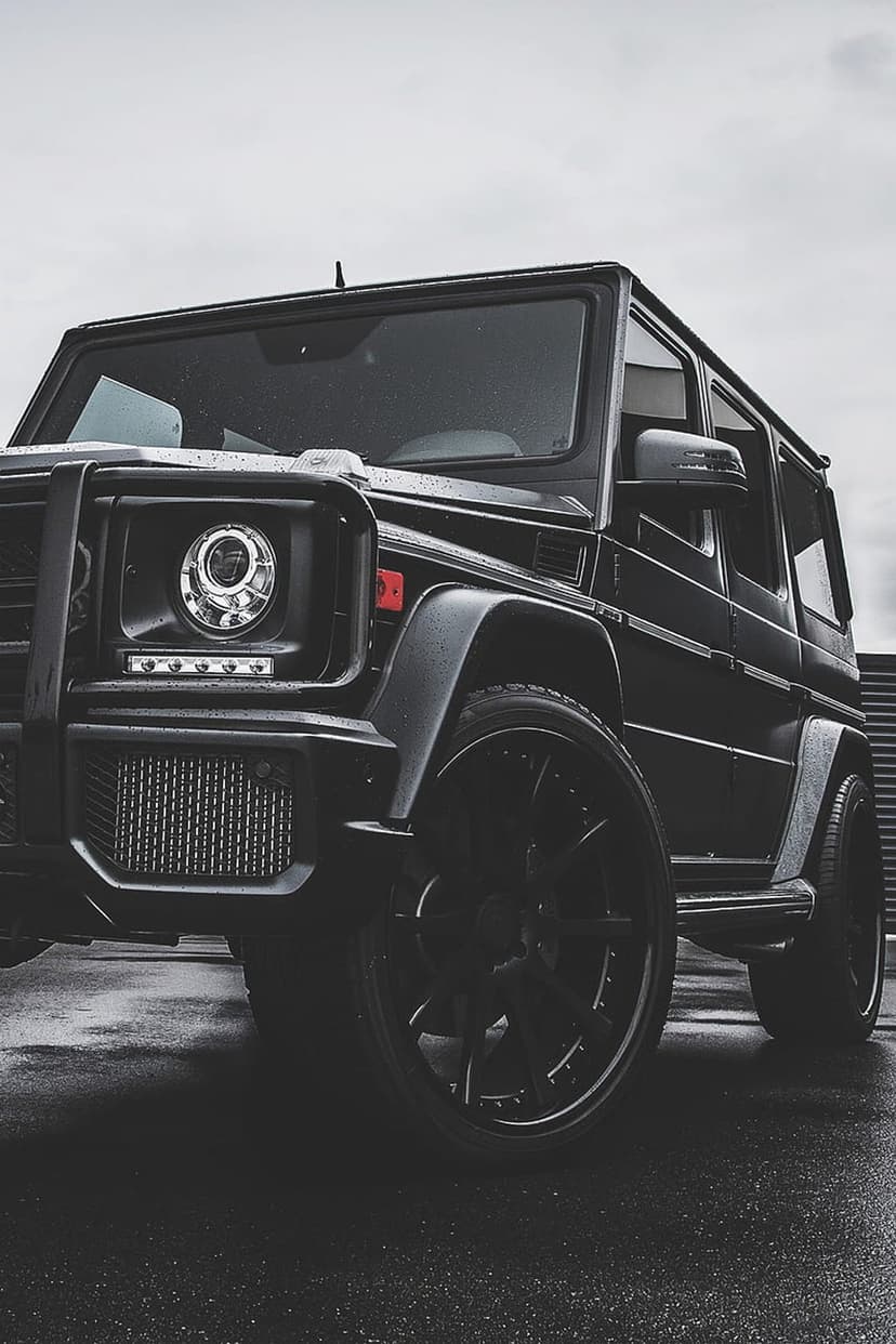 Matte black Mercedes G-Wagon with a bull bar and LED headlights parked on a wet, reflective asphalt street.
