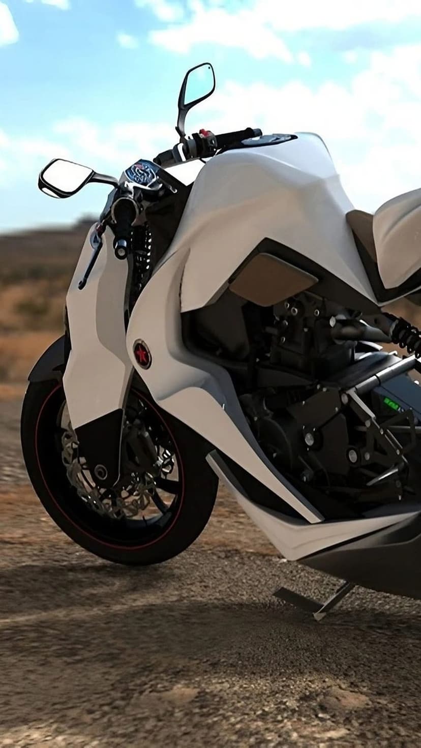 White sportbike motorcycle stands on a desert road against a vast blue sky with scattered light clouds.