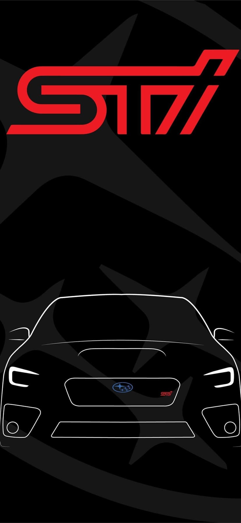 White Subaru WRX STI car outline and red logo on a black background with abstract gray patterns.