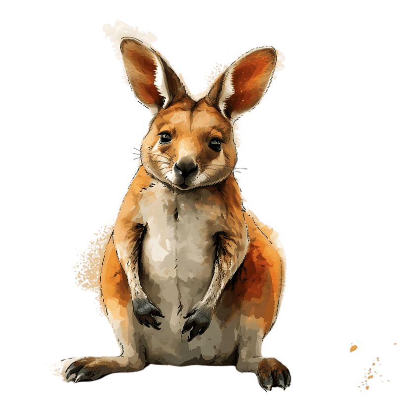 Watercolor kangaroo illustration featuring textured ochre fur and upright pose against a deep black background.