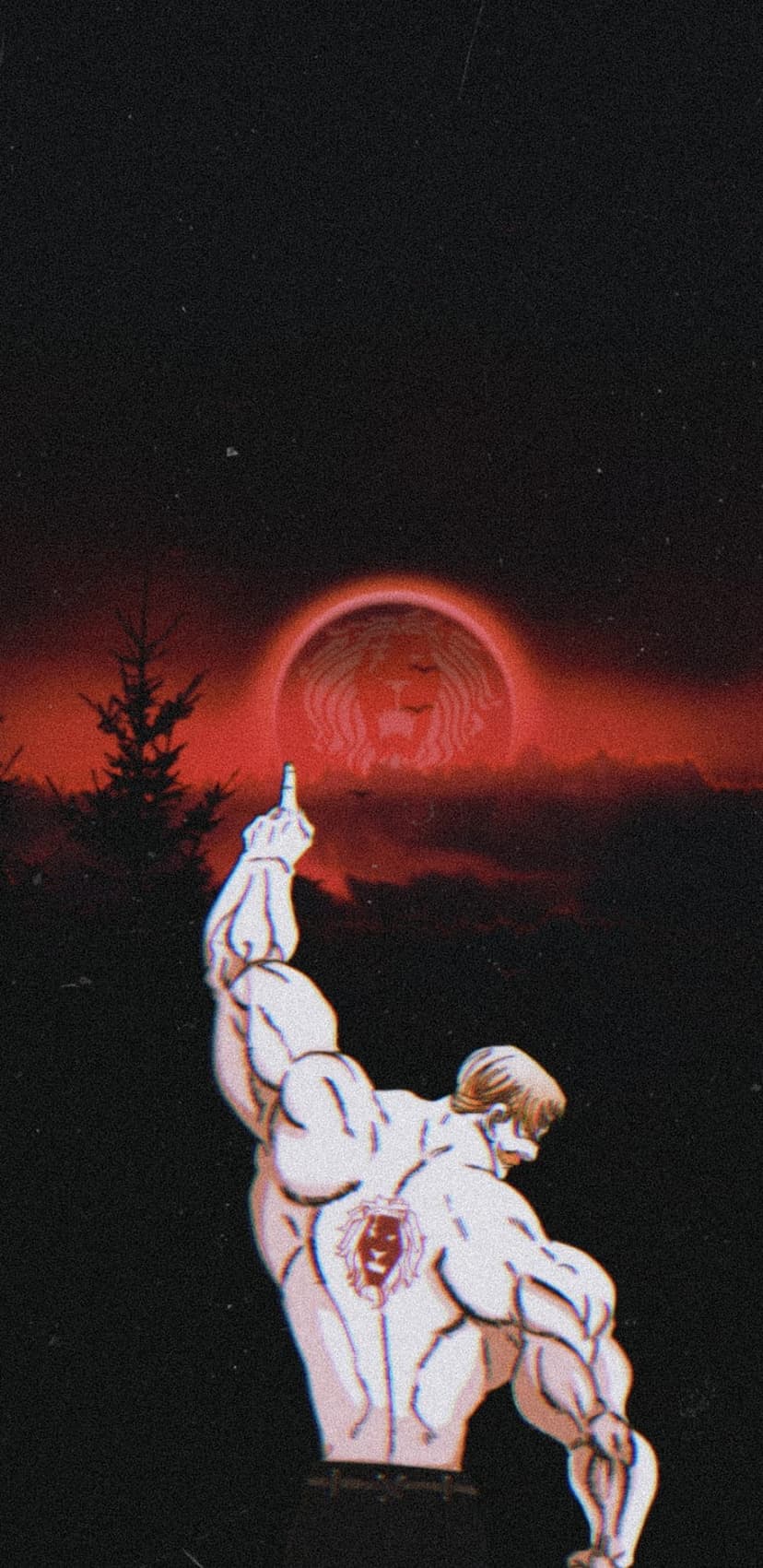 Escanor raises a middle finger toward a large red moon with a lion symbol visible on his muscular back.