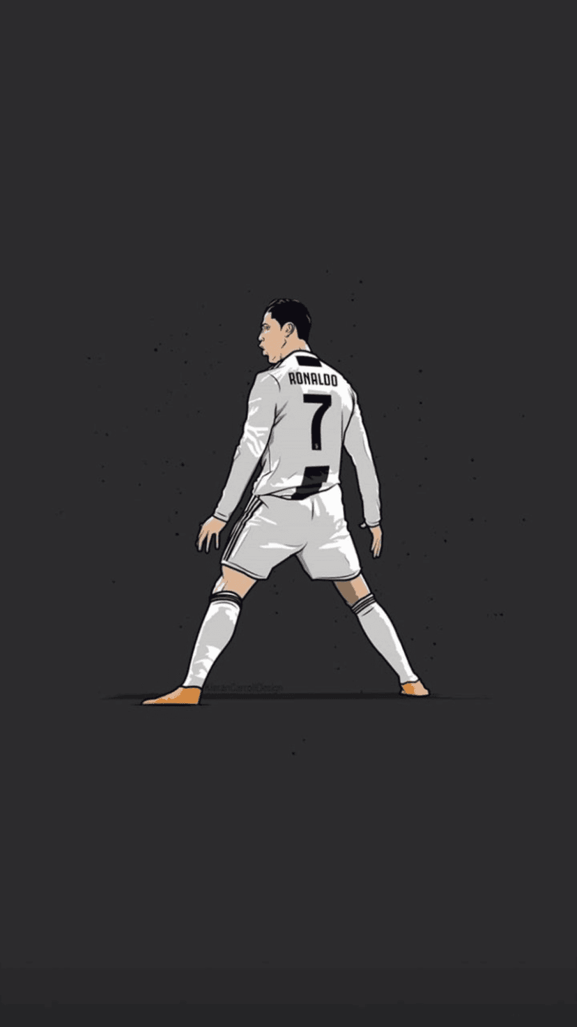 Cristiano Ronaldo wearing a white Juventus number 7 jersey looks back against a dark grey background.