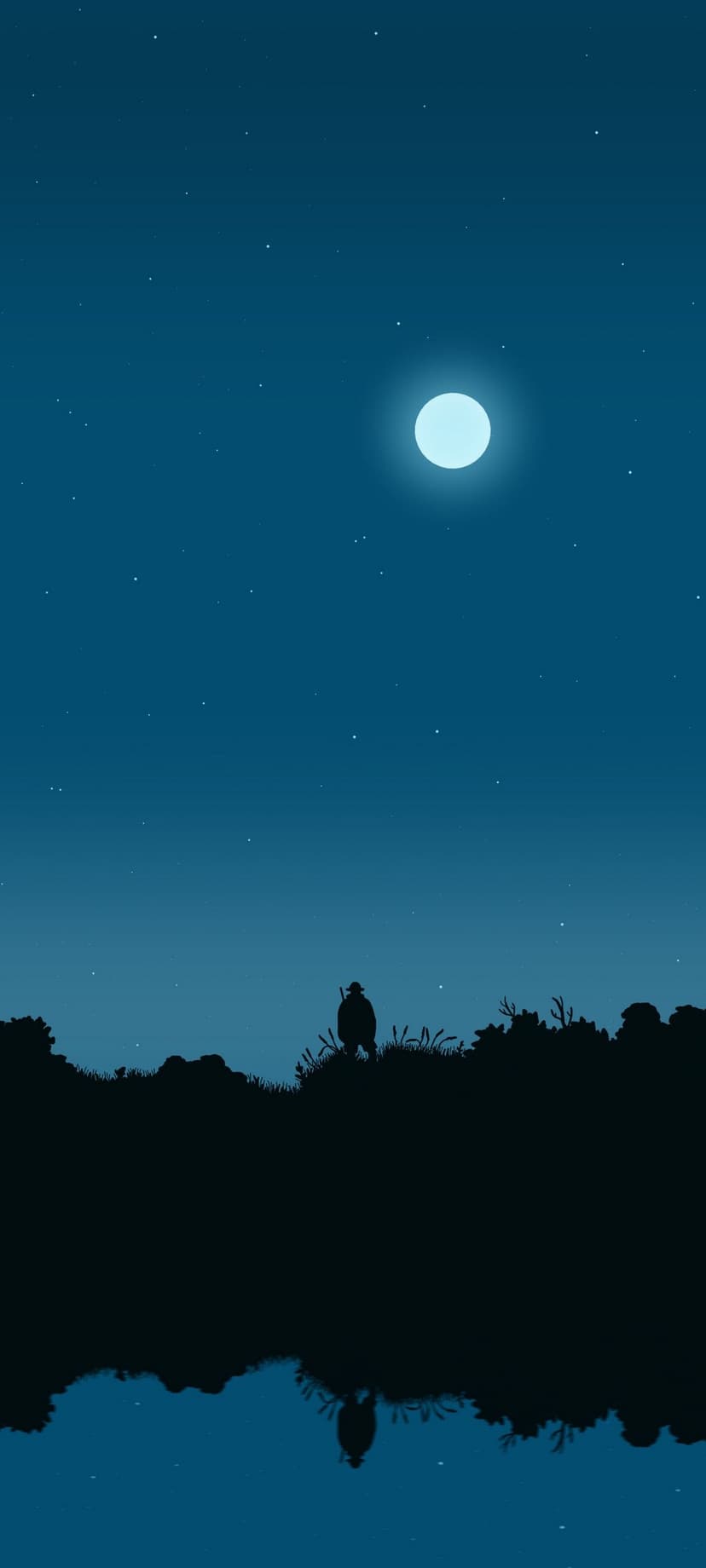 Person standing on a hill silhouetted against a large full moon reflecting in calm water under a starry sky.