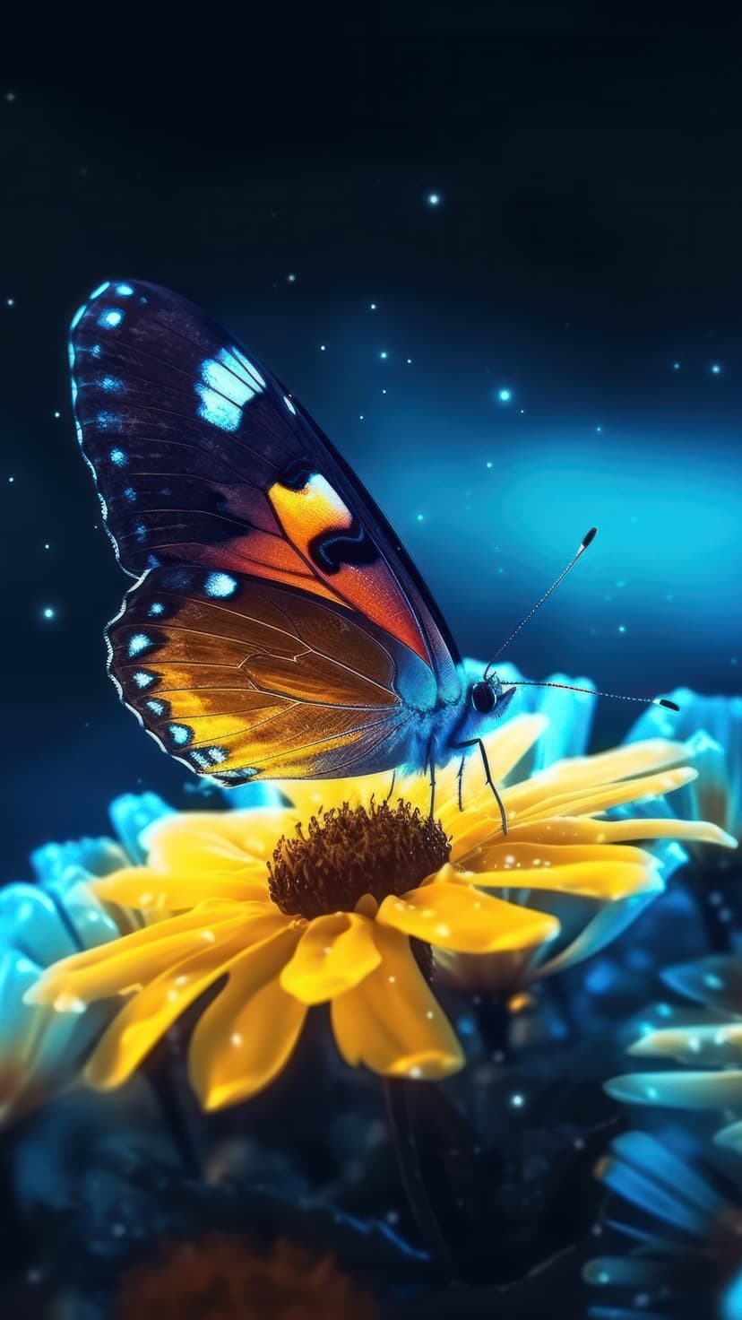 Butterfly with orange and blue wing patterns perched on a yellow flower under a starry night sky with glowing dust.