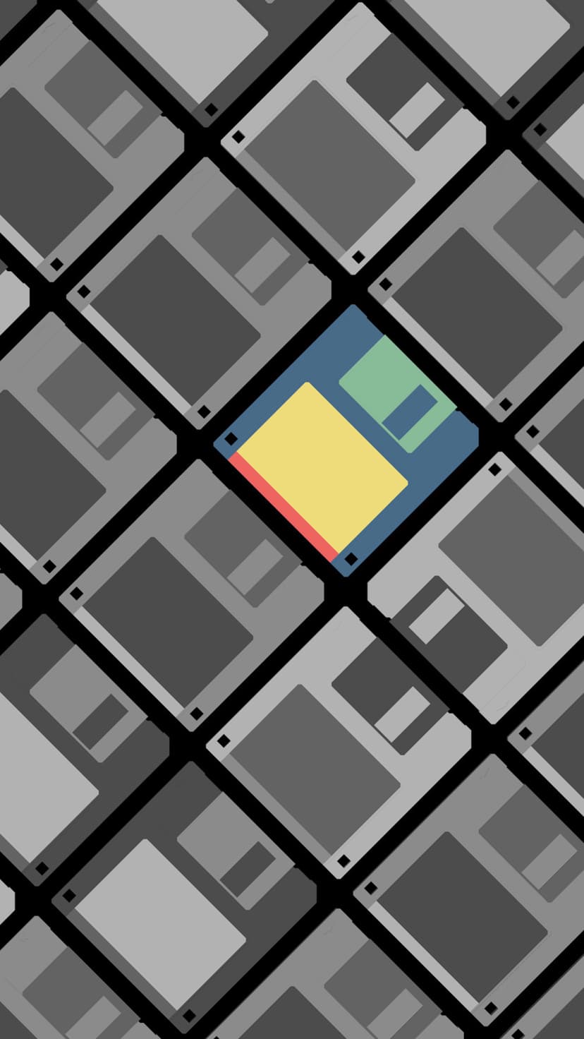 Repeating grayscale floppy disks in a grid with one vibrant yellow and blue disk standing out in the pattern.