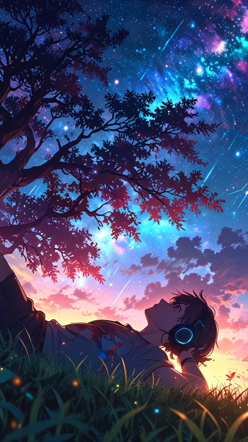 Boy wearing headphones lies in grass looking at a purple galaxy with shooting stars and a silhouetted tree.
