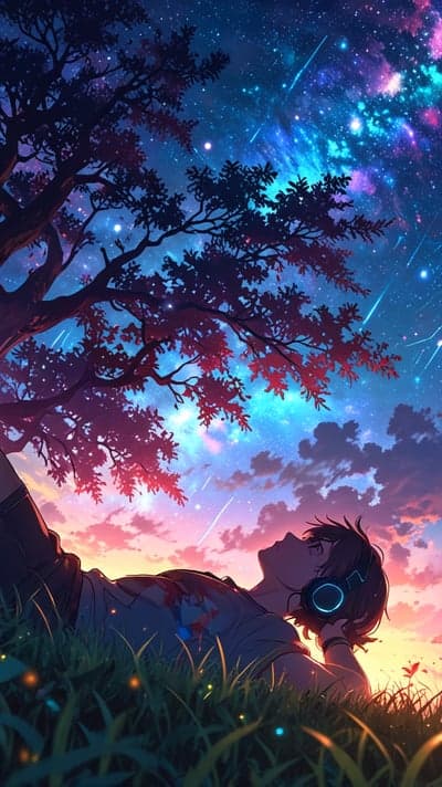 Anime Boy Listening to Music Under a Starlit Galaxy Wallpaper