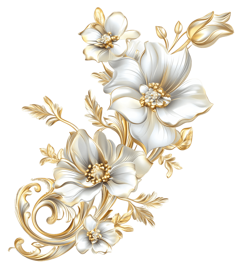 White gold floral illustration with layered cream petals and metallic botanical accents on a transparent base.