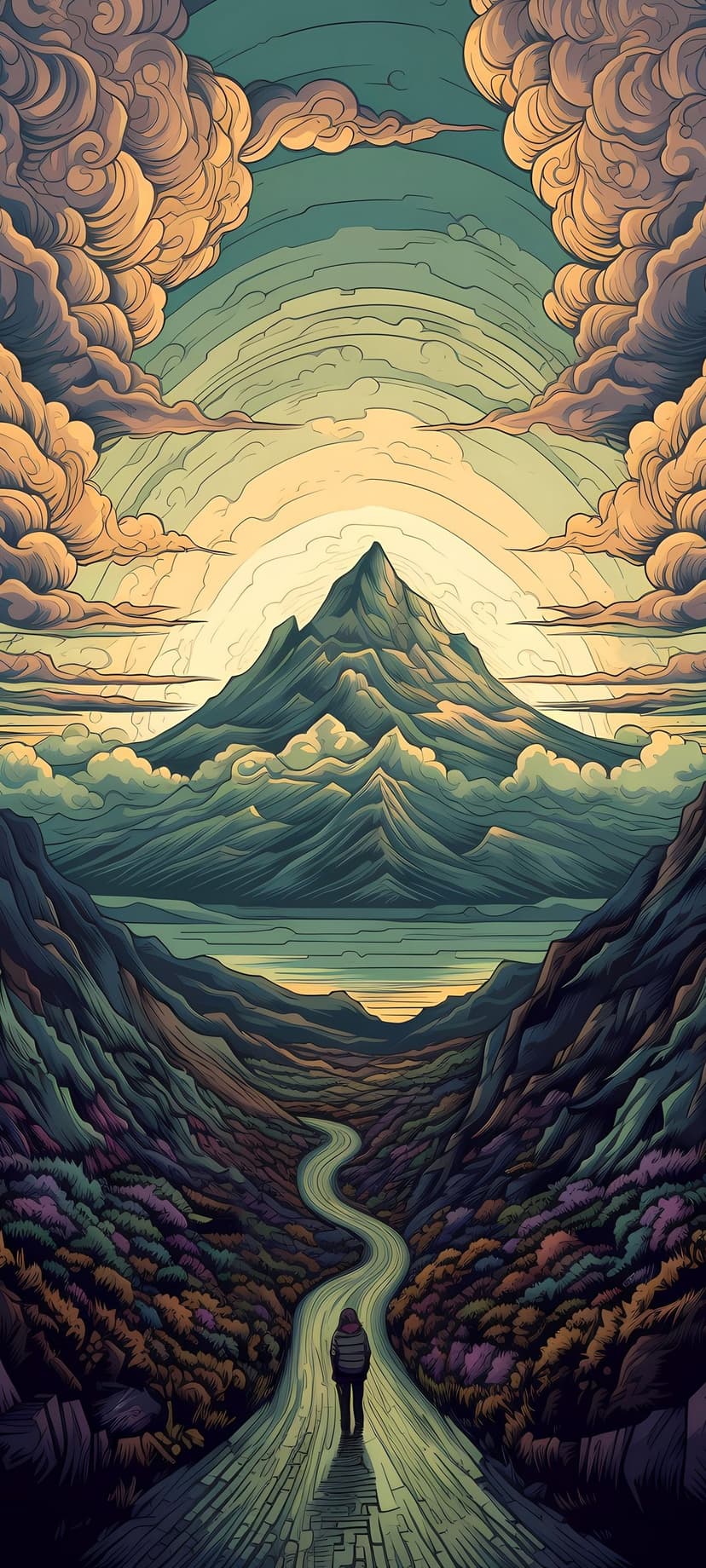 Sunlit mountain peak towers over a winding valley road and a calm lake during a vibrant orange sunset.